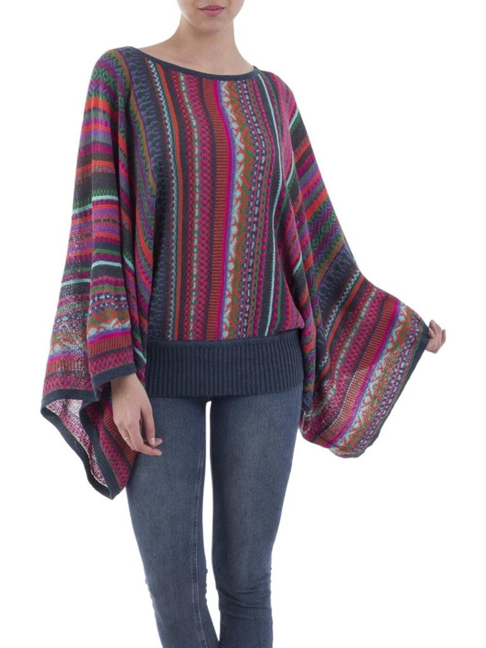 Vibrant Handmade Striped Kimono Sleeve Sweater | Cozy Wool Artisan Knit